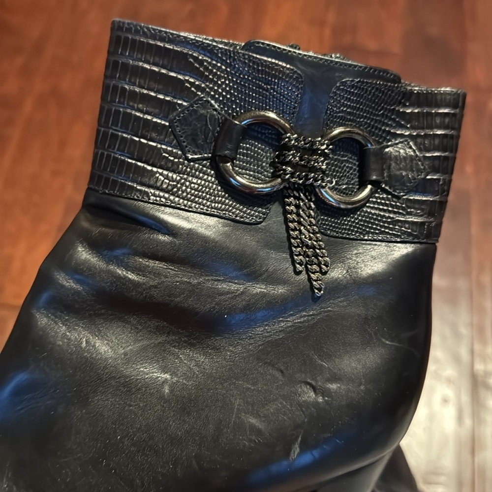 Via Spiga black booties bow ring buckle detail stacked heel square toe side zip - Picture 9 of 11